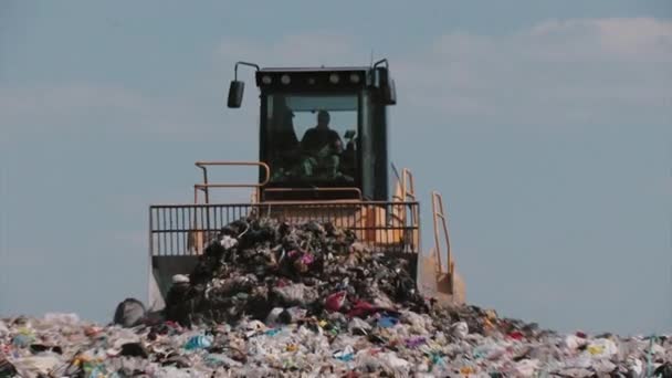 Excavadora elimina papel de basura y botellas de plástico para el reciclaje — Vídeos de Stock