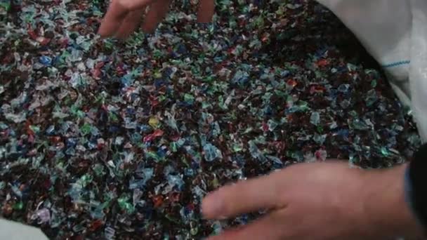 Фрагмент цветных осколков стекла для переработки в мешок и руки человека — стоковое видео