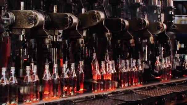 Production of glass bottles for juice or beer on the factory — Stock Video