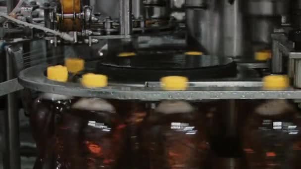 Production of plastic bottles with juice on the factory conveyor — Stock Video