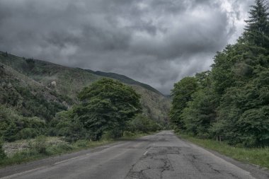 Road trip görünümünden araba asfalt ve Gürcü doğa