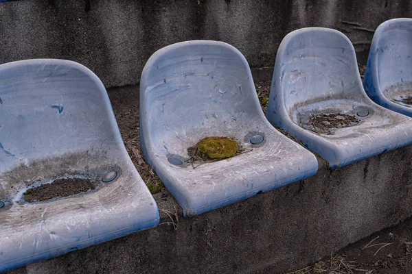 Vintage Stadium Cadeiras velho tempo não usado com poeira cor azul — Fotografia de Stock