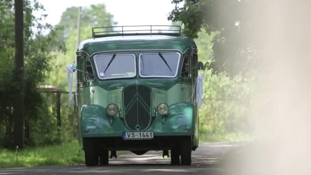 Зеленый винтажный микроавтобус на асфальтированной дороге в зеленом лесу — стоковое видео