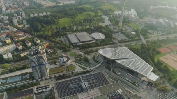 Museum of BMW in Munich and TV tower drone flight — Stock Video