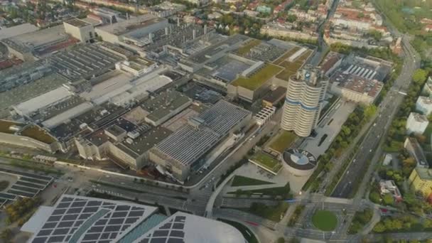 Museum of BMW in Munich and TV tower drone flight — Stock Video