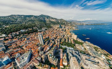 Monaco Monte-Carlo Şehir riviera dron yaz fotoğraf hava 360 vr sanal gerçeklik dron panorama dağlarda