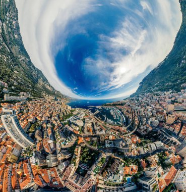 Monaco Monte-Carlo Şehir riviera dron yaz fotoğraf hava 360 vr sanal gerçeklik dron panorama dağlarda