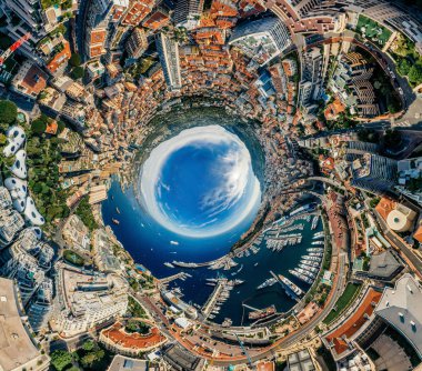 Monaco Monte-Carlo Şehir riviera dron yaz fotoğraf hava 360 vr sanal gerçeklik dron panorama dağlarda