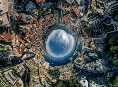 Monaco Monte-Carlo Şehir riviera dron yaz fotoğraf hava 360 vr sanal gerçeklik dron panorama dağlarda