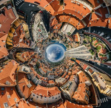 Monaco Monte-Carlo Şehir riviera dron yaz fotoğraf hava 360 vr sanal gerçeklik dron panorama dağlarda