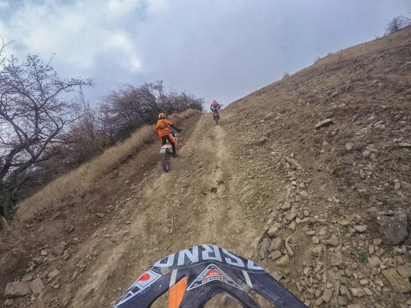 Enduro journey with dirt bike in high mountains in Caucasus nature — Stock Photo, Image