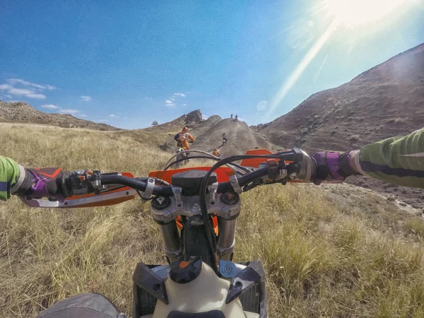 Enduro journey with dirt bike in high mountains in Caucasus nature — Stock Photo, Image