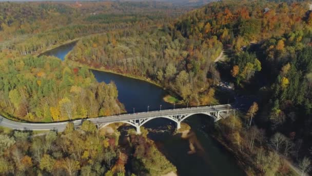 Brücke über den Fluss, Herbstwald Sigulda Stadtnatur, Gauya, 4k Drohnenflug, Brücke Autofahrt von oben — Stockvideo