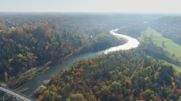 Most na rzece, jesień las Sigulda miasto natura, Gauya, 4 k lotu drona, most napęd samochodu z góry — Wideo stockowe