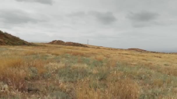 Поле желтой травы и вышка проводки осенью Грузии — стоковое видео