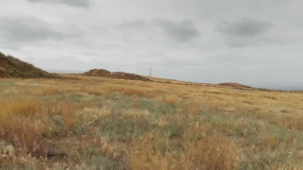 Campo de grama amarela e fiação da torre no outono Geórgia — Vídeo de Stock