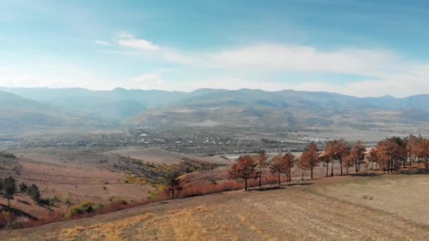 Árboles y montañas en Georgia Gargantas afiladas de arena en las montañas 4K épica Vuelo Drone Colinas del Cáucaso y belleza del valle Naturaleza georgiana — Vídeos de Stock