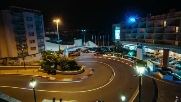 Furmula 1 turn in Monaco Night city Monte Carlo town Cars road time-lapse — Stock Video