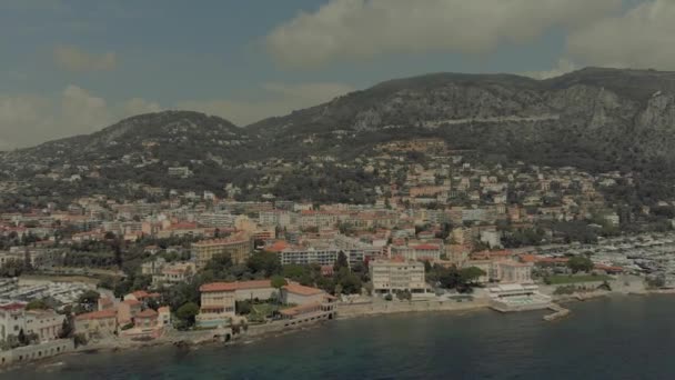 Monaco stad stadje Monte Carlo Drone vlucht poort yahts zee appartementen — Stockvideo