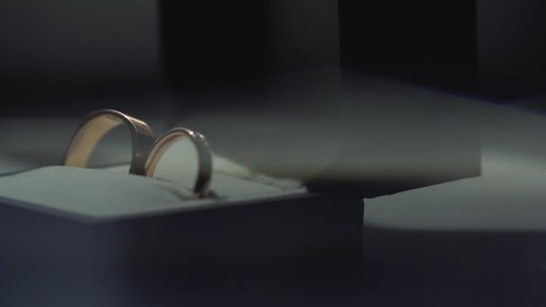 Anelli da sposa in oro macro primo piano lente bagliore sparare diamanti gioielli — Video Stock