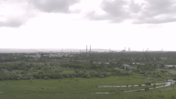 Factory Pipes in Georgia City drone slowmotion Residential buildings in Rustavi. Old soviet block of flats concrete building living houses — Stock Video