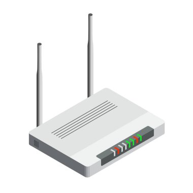 Beyaz kablosuz internet yönlendirici beyaz arkaplan, izometrik vektör tasarımı