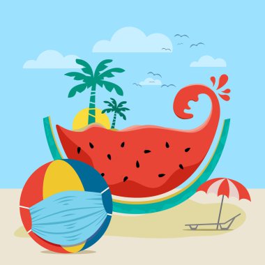 Covid-19 Coronavirus tatil konsepti karpuz ve koruyucu tıbbi maskeli plaj topu.