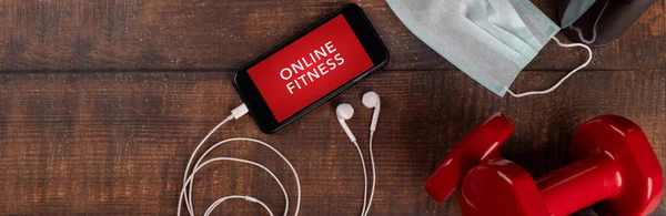 Manubrio Rosso Smartphone Sfondo Legno App Allenamento Indoor Programma Fitness — Foto Stock
