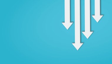 Büyüme yetmezliğine kadar beyaz ok, 3D görüntüleme, gerileme yolu ve aşağı doğru düşüş konsepti.