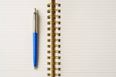 Çizgili defterin üzerinde duran mavi plastik ve metalden yapılmış tükenmez kalem.