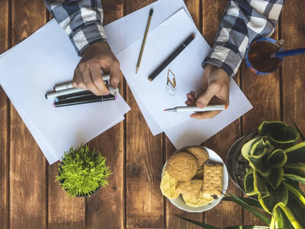 Overhead View Artist Drawing White Blank Sheets — Stock Photo, Image