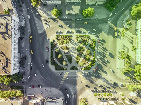 aerial top down traffic circle road in the busy city