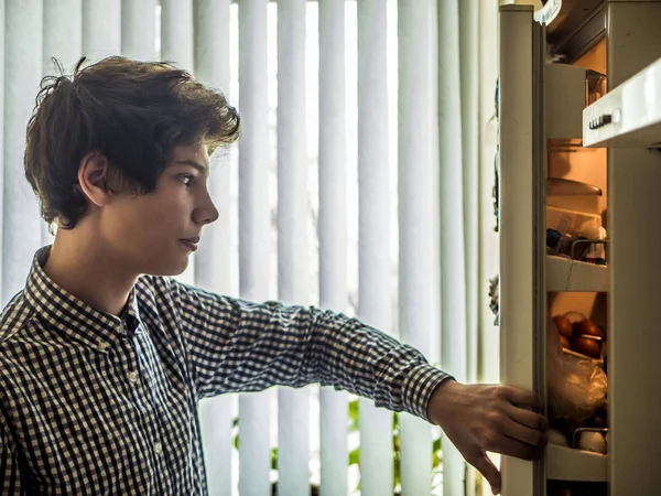 Jovem Menino Xadrez Camisa Retrato Abertura Frigorífico — Fotografia de Stock