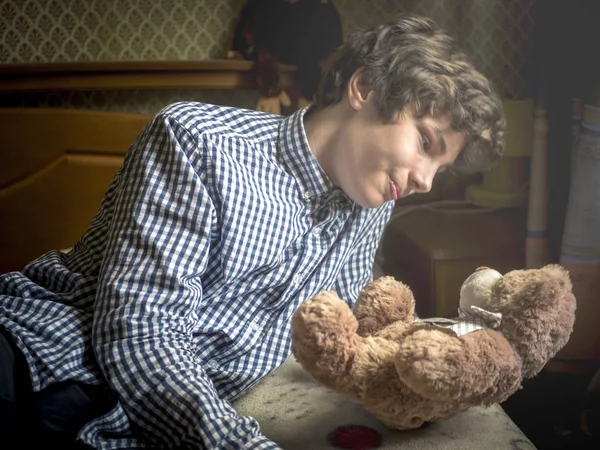Young Happy Teenager Boy Checkered Shirt Teddy Bear — Stock Photo, Image