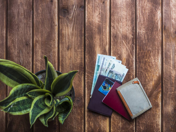 Personal accessories for travel, passport wallet and money on a wooden surface
