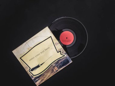 siyah tablo mockup üzerinde metin boşaltmak için bir yer boş vinil plak Out kapağından yükü düz yatırın 