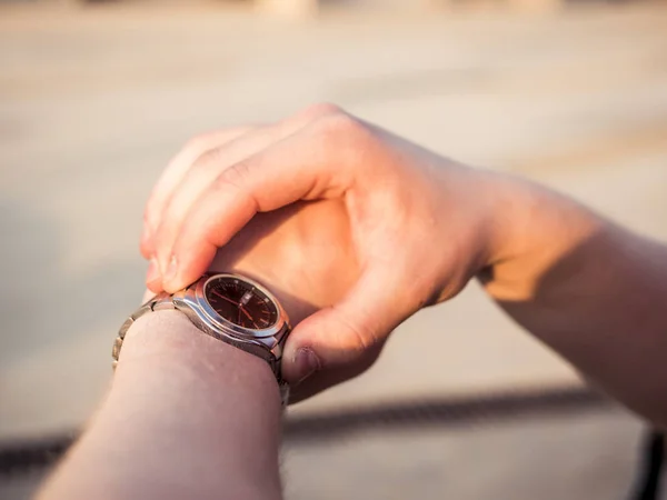 Close Male Hands Checking Time Outdoors — Stock Photo, Image