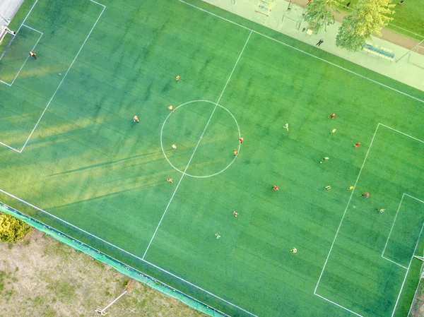 Tiro Aéreo Drones Campo Fútbol Con Jugadores —  Fotos de Stock