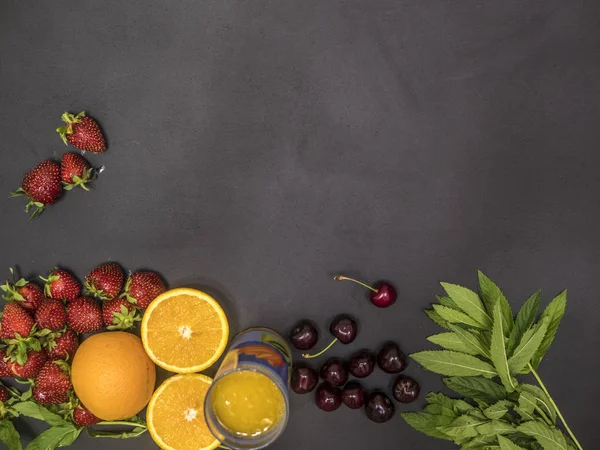 Flat Lay Fresh Healthy Food Mint Cherry Orange Juice Copy — Stock Photo, Image