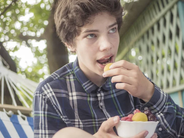 Étkezési Finom Édes Gyümölcs Kertben Hintaágy Fiatal Fiú — Stock Fotó