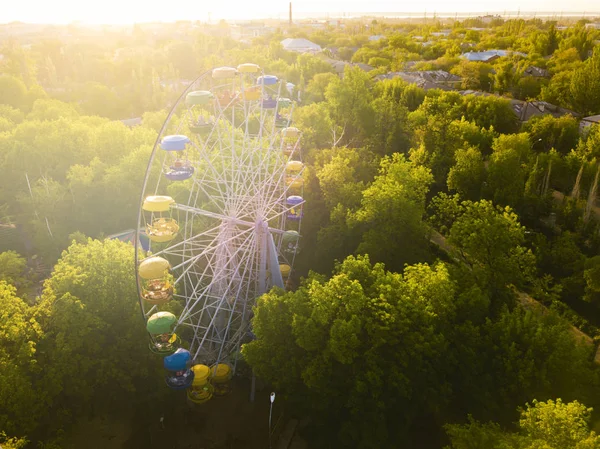 Aerial Amazing Magic View Ferris Wheel Sunset Golden Hour Park — Stock Photo, Image