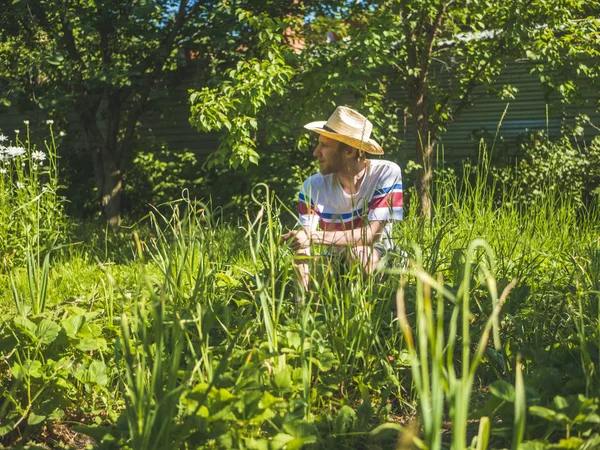 Ogrodnik Pracuje Stoczni Letni Domek Sezonie Letnim — Zdjęcie stockowe