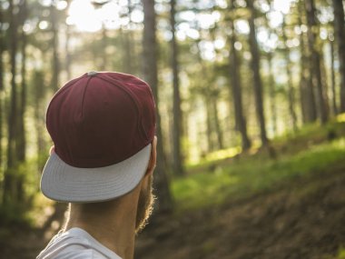 Genç sakallı adam rahat seyahat kavramı keşfetmek gökte ararken dağ ormanda yürüyüş