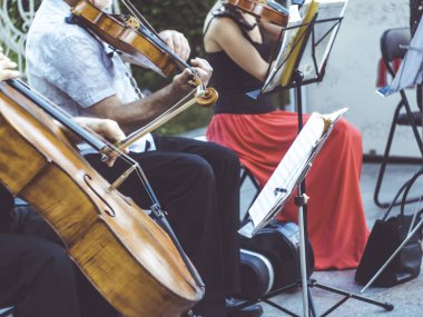 Sokak müzisyeni oynarken keman enstrüman caz müzik sanatçısı kadar kapatın