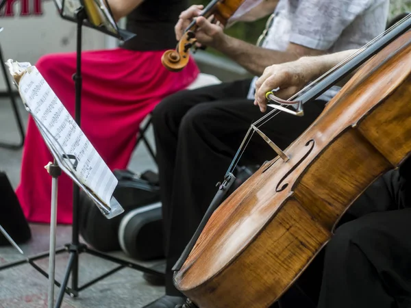 Violoncelista Grupo Músico Executar Música Rua Close Homem Tocando Violino — Fotografia de Stock