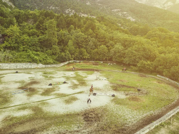 Вид Зверху Людей Які Вчаться Кататися Конях Гірському Полі Літній — стокове фото