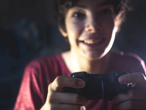 Young Teenager Dark Bedroom Playing Console Video Game Night — Stock Photo, Image