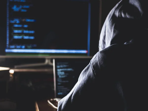 Hacker Hoodie Typing Code Program Using Laptop Dark Studio — Stock Photo, Image