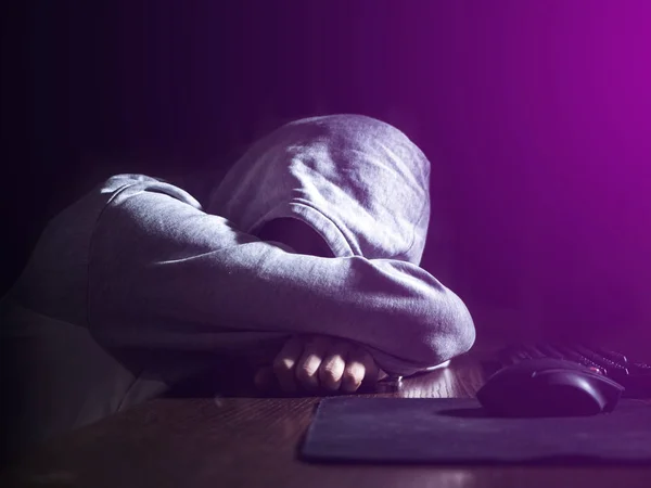 Abstract Anonymous Person Hood Sleeping Lying Table Front Computer Night — Stock Photo, Image