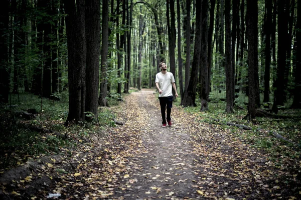 Solitario Joven Hombre Hipster Casual Camina Otoño Oscuro Bosque Malhumorado — Foto de Stock